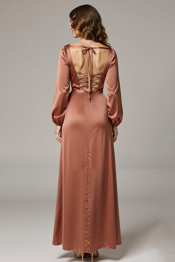 Maroon Sheath Long Sleeve Satin Formal Dress With Lace Up Back